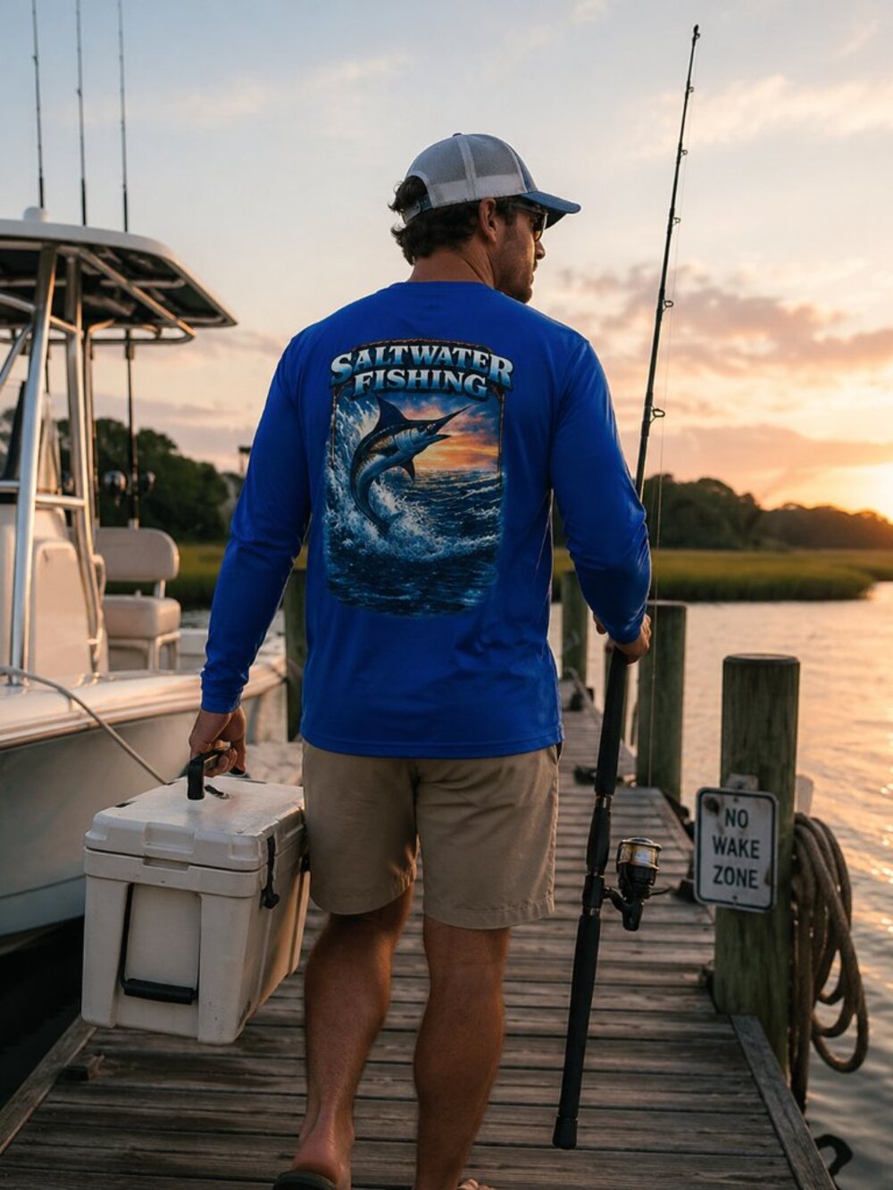 Saltwater Fishing Graphic Long Sleeve Tee - True Royal Blue Size XL